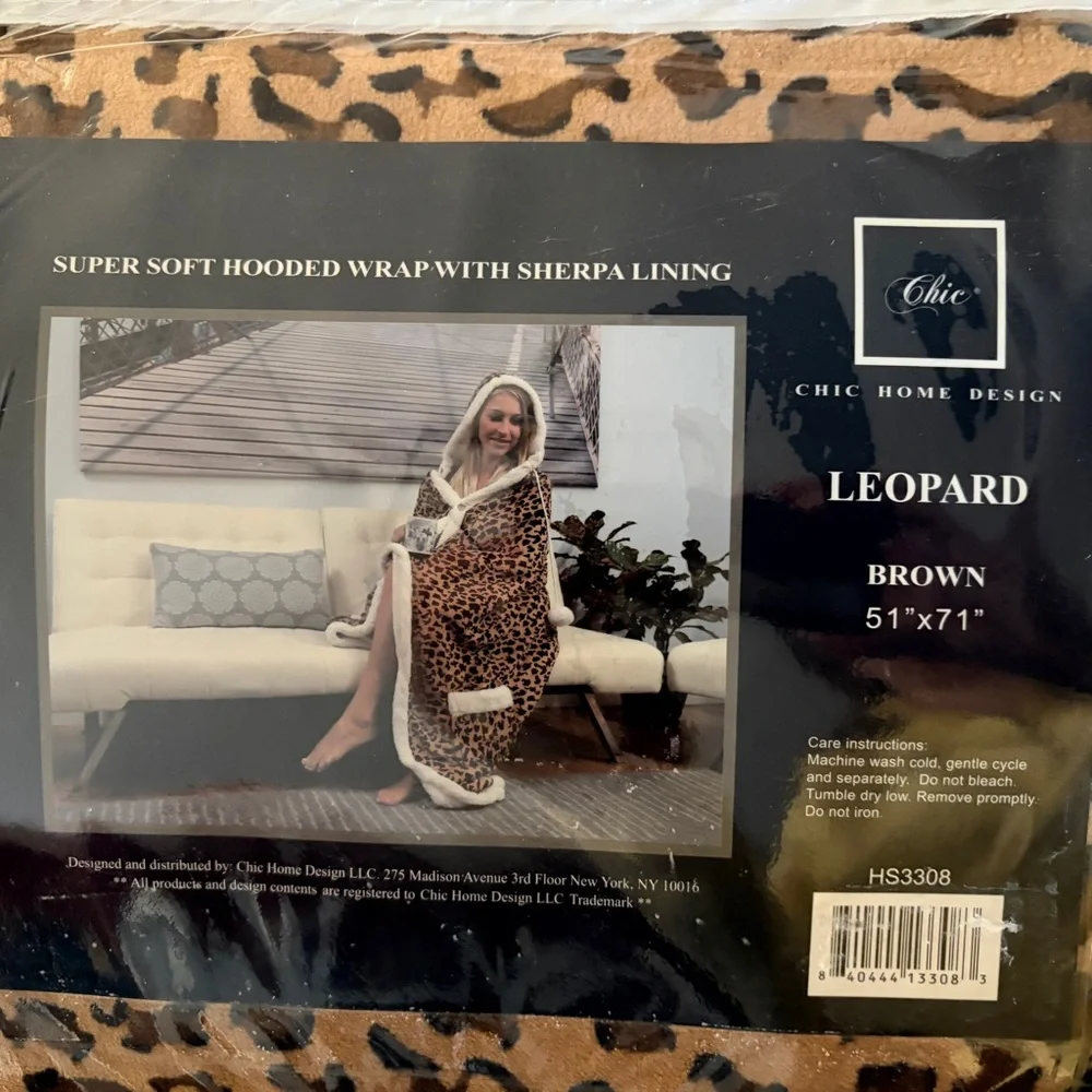 Hooded wrap sherpa blanket leopard print brown 51” x 71” by Chic Home Designs NY